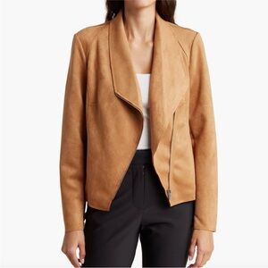 Tahari Faux Suede Draped Moto Jacket Camel Size L